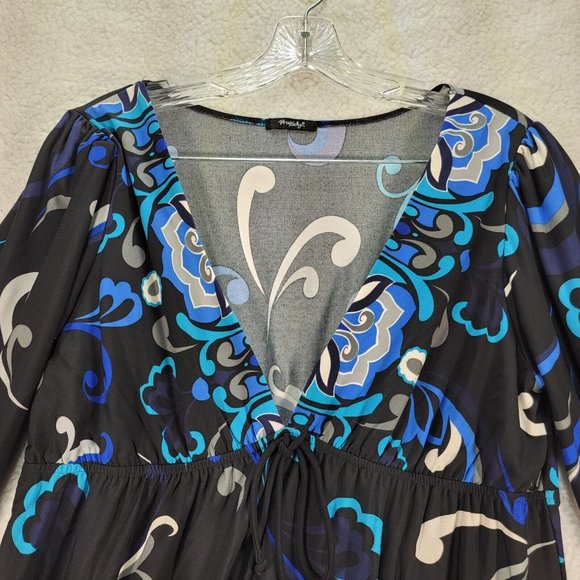 Y2K Rhapsody Blue Floral Low Cut V Neck Retro Lightweight Flowy Cinched A Line - Picture 2 of 10